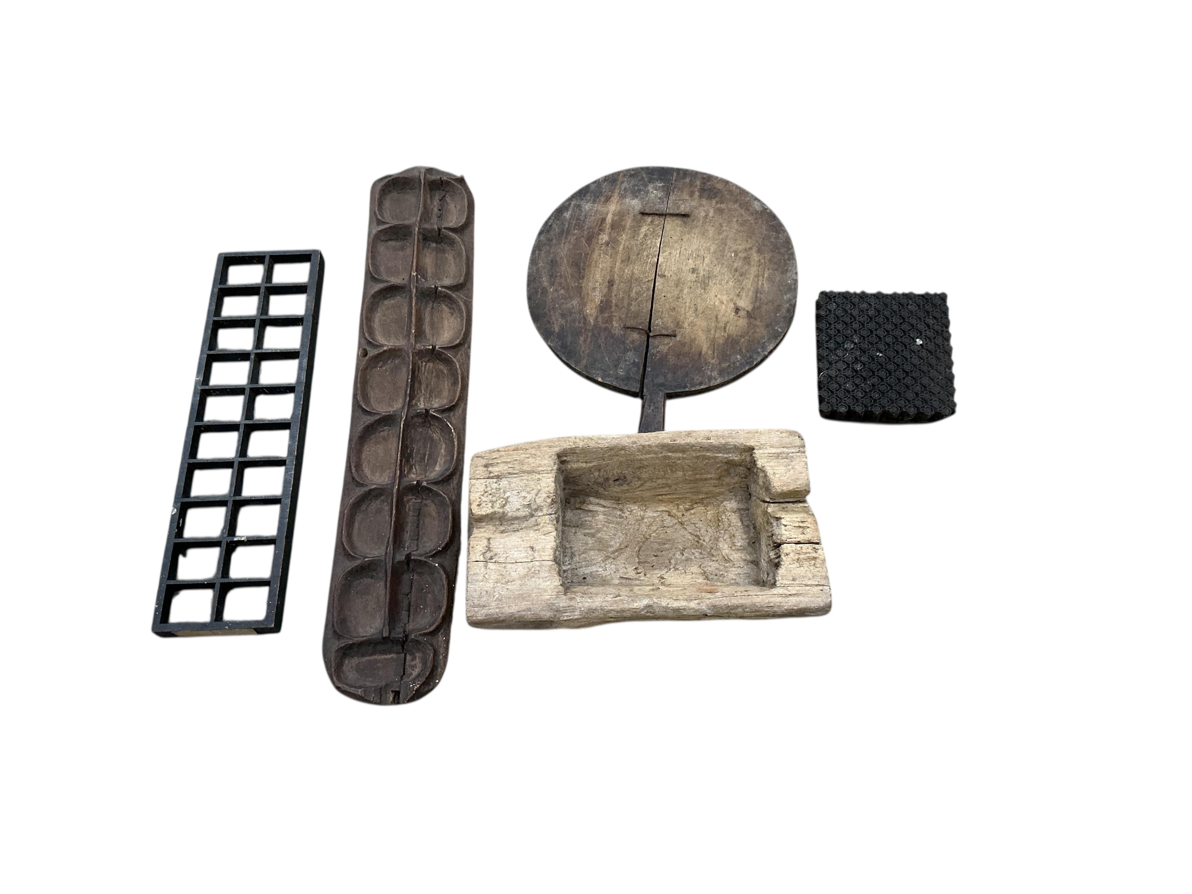 Two Victorian coin drawers and assorted African and European carved wood items